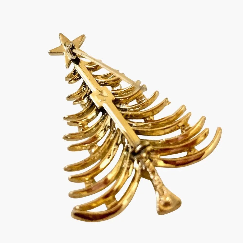 Tancer II Christmas Tree Brooch Vintage Signed Gold-tone Rhinestones